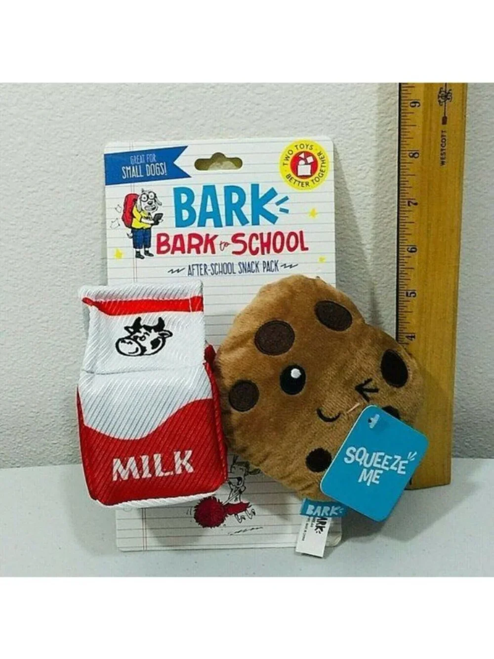 Bark BARK TO SCHOOL After School Snack Pack Milk & Cookies Plush Dog Squeak Toy